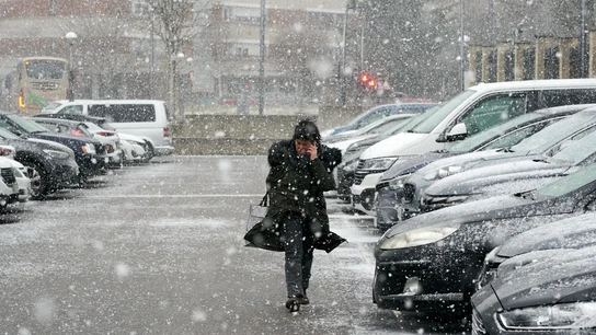 Una mujer camina este lunes por las calles de Vitoria bajo una intensa nevada Una mujer camina este lunes por las calles de Vitoria bajo una intensa nevada