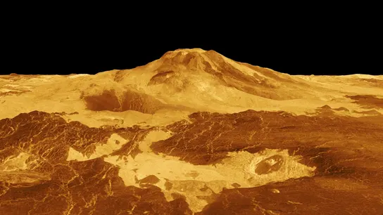 Imagen de archivo basada en datos de la nave espacial Magallanes de la NASA que muestra Maat Mons, un gran volcán en Venus Imagen de archivo basada en datos de la nave espacial Magallanes de la NASA que muestra Maat Mons, un gran volcán en Venus
