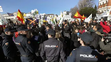 Imagen de archivo de varios policías en un cordón de seguridad durante una concentración organizada por agricultores y ganaderos en Madrid.