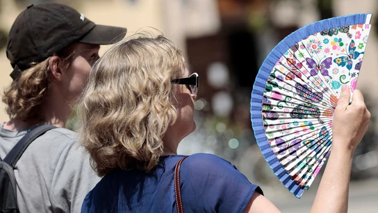 Dos personas combaten el calor con un abanico en Valencia Dos personas combaten el calor con un abanico en Valencia