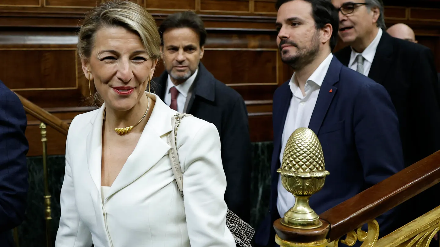 Yolanda García y Alberto Garzón en el Congreso a su llegada al debate de la moción de censura de Vox Yolanda García y Alberto Garzón en el Congreso a su llegada al debate de la moción de censura de Vox