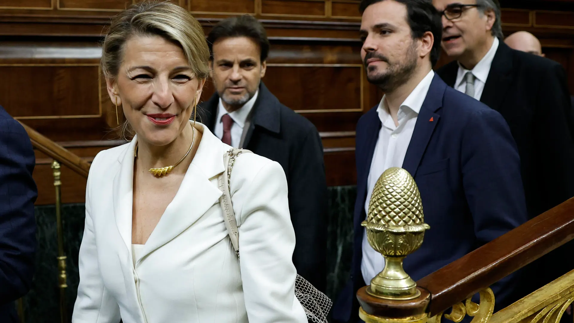 Yolanda García y Alberto Garzón en el Congreso a su llegada al debate de la moción de censura de Vox 