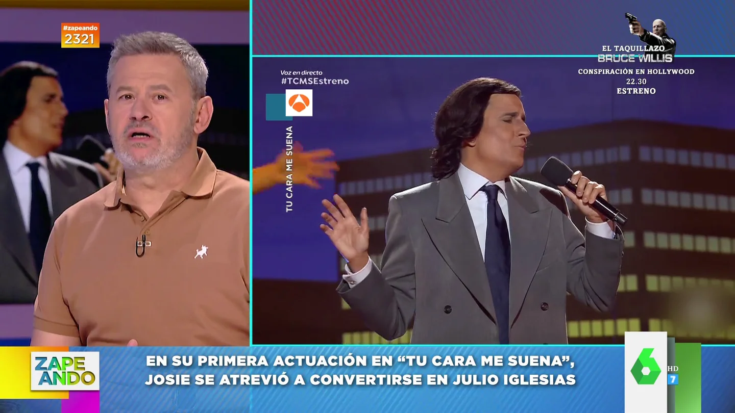 Los zapeadores analizan la actuación de Josie en Tu cara me suena Josie debutó por todo lo alto en 'Tu cara me suena' imitando a Julio Iglesias, un actuación que analizan Miki Nadal y Dani Mateo, para los que no ha pasado desapercibido el vestuario, peinado y bronceado del experto en moda de Zapeando.