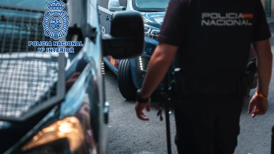 Imagen de recurso de un agente de la Policía Nacional junto a dos vehículos policiales Imagen de recurso de un agente de la Policía Nacional junto a dos vehículos policiales