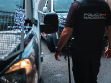 Imagen de recurso de un agente de la Policía Nacional junto a dos vehículos policiales