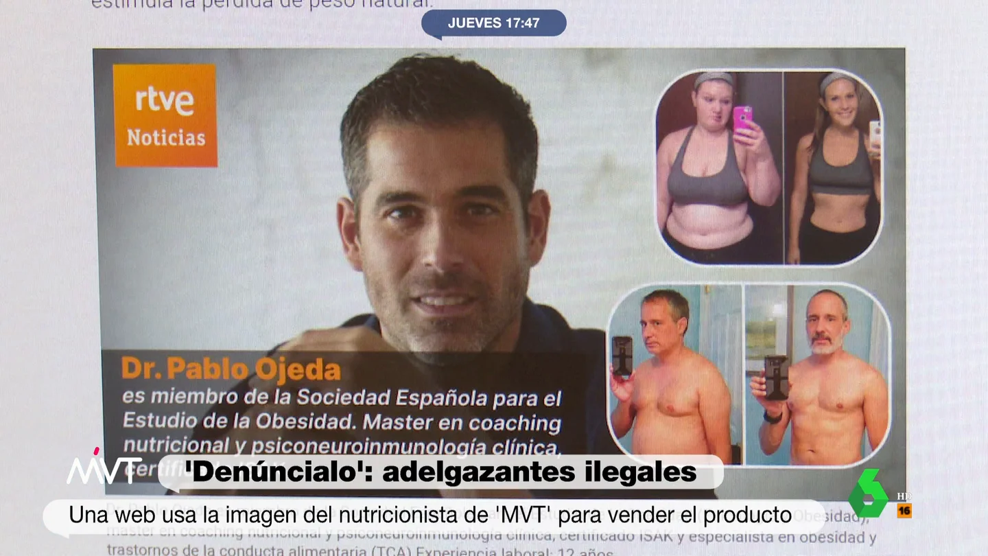 Pablo Ojeda denuncia que han usado su imagen sin consentimiento para un producto adelgazante: Es ilegal y no sirve para nada Pablo Ojeda explica en 'Más Vale Tarde' que han utilizado su imagen sin permiso para un producto adelgazante fraudulento. En este vídeo, desenmascara a los responsables y una reportera del programa consigue que se detenga su distribución.