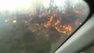 El momento en el que dos reporteros huyen por la cercanía de las llamas en el incendio de Tineo, Asturias 