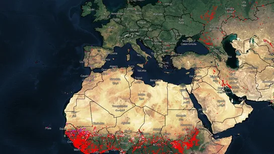 Mapa del EFFIS donde se ven posibles incendios en parte de Europa y África Mapa del EFFIS donde se ven posibles incendios en parte de Europa y África