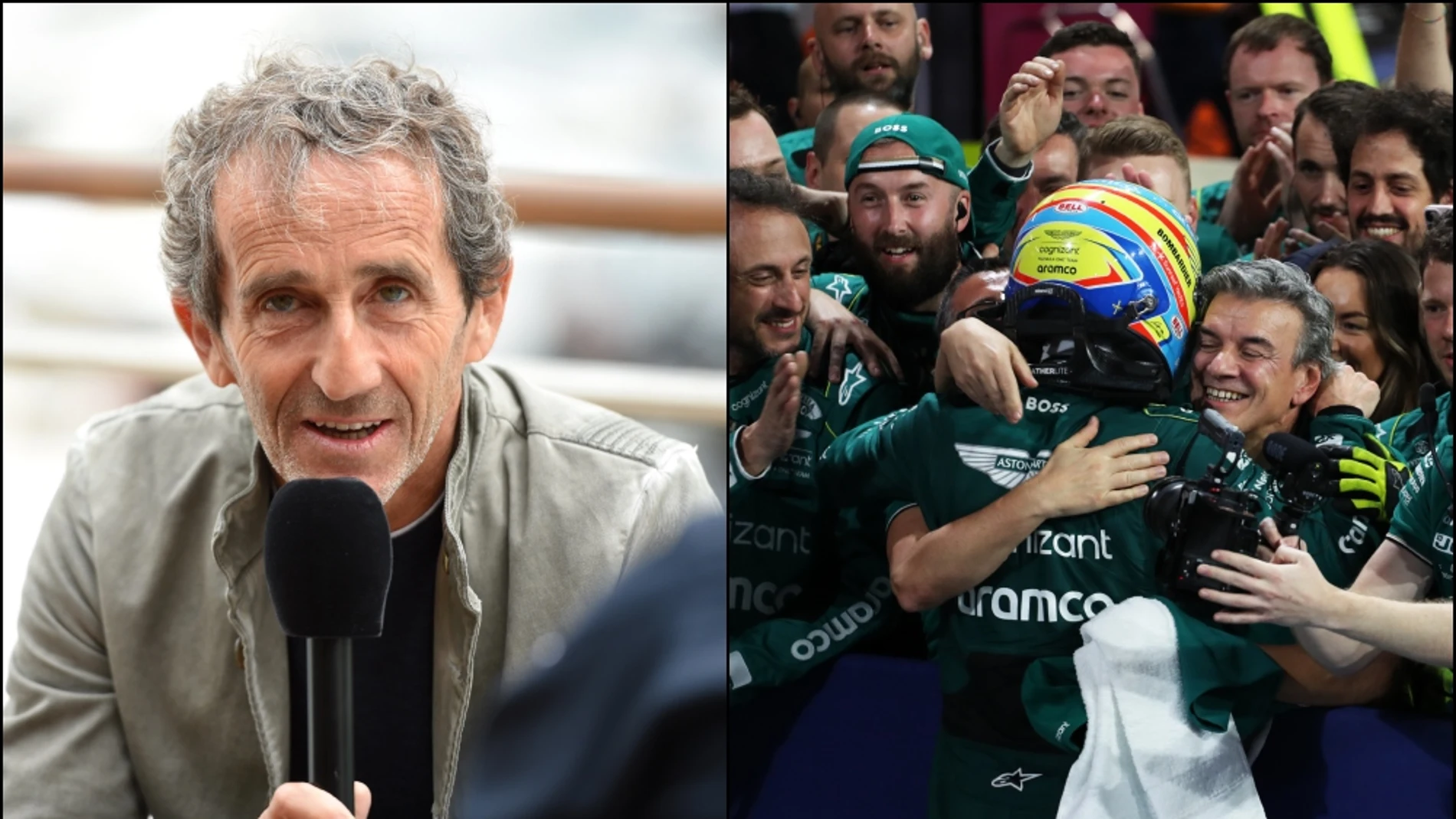 Alain Prost Aston Martin junto a Fernando Alonso festejando un podio