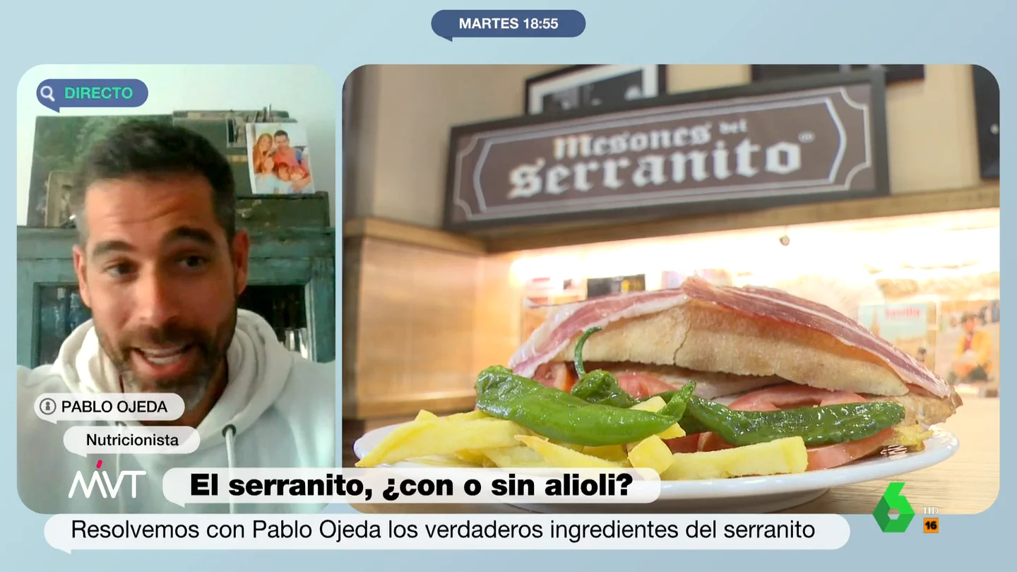 ¿Lleva alioli el serranito? El nutricionista Pablo Ojeda zanja el debate que arrasa en las redes En este vídeo, Pablo Ojeda analiza en 'Más Vale Tarde' el debate viral sobre el tatuaje con los ingredientes del serranito. De este modo, explica que este bocadillo está patentado por un torero y revela cuál es el número de calorías que contiene.