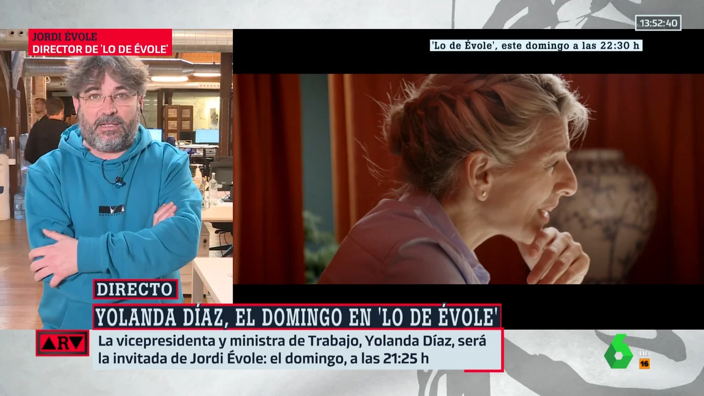Jordi Évole, sobre la entrevista con Yolanda Díaz en Lo de Évole: "Fue perdiendo la sonrisa a lo largo de la charla" Jordi Évole, sobre la entrevista con Yolanda Díaz en Lo de Évole: "Fue perdiendo la sonrisa a lo largo de la charla"