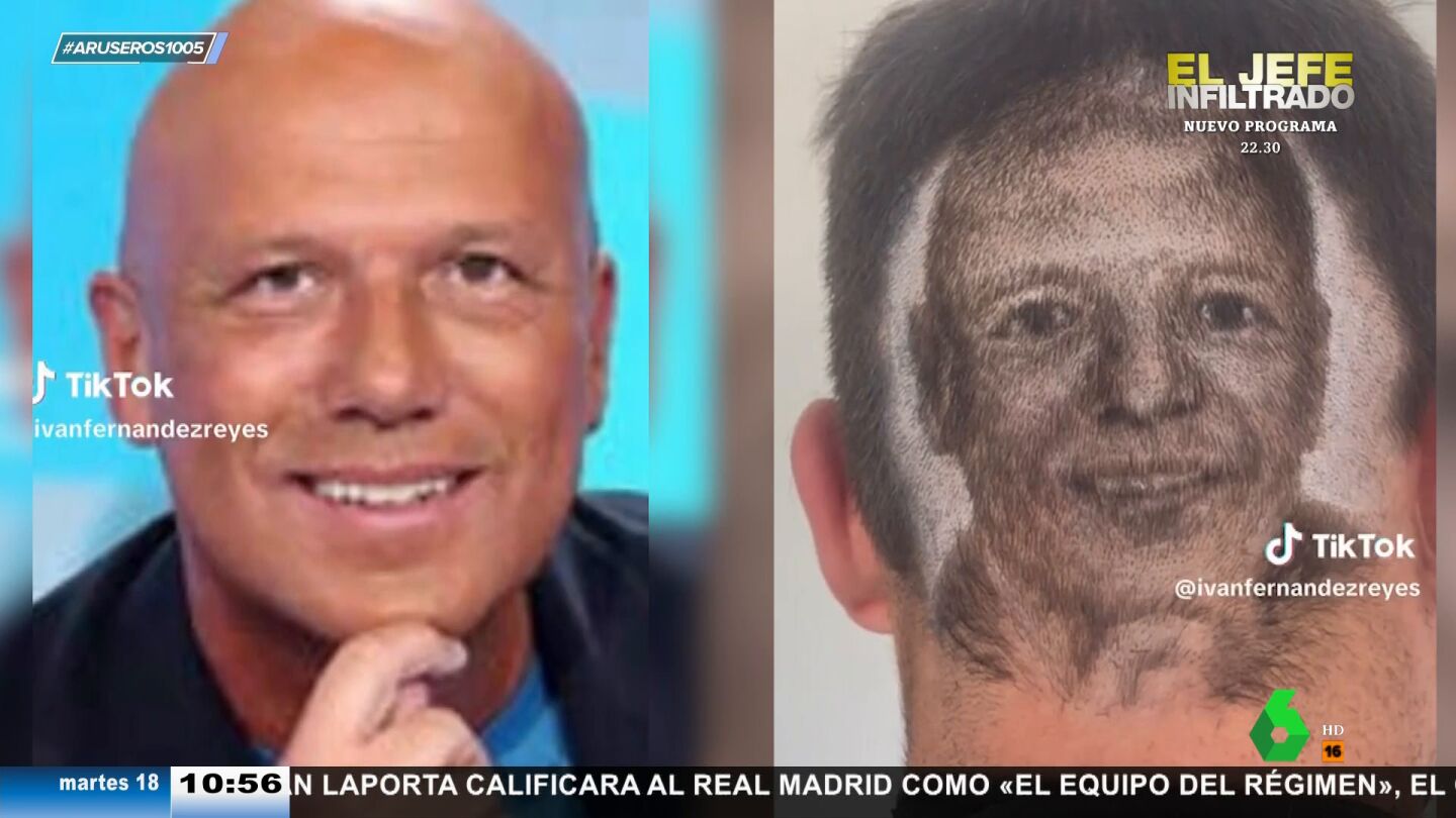 La reacci&oacute;n de Alfonso Ar&uacute;s al ver c&oacute;mo un peluquero ha plasmado su rostro en la cabeza de un hombre