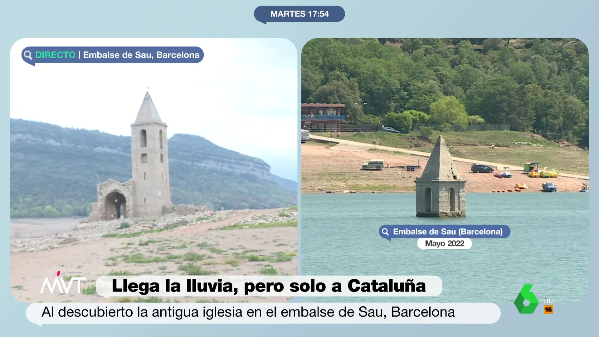 La imagen de la sequía extrema: el embalse de Sau (Barcelona) vacío de un año para otro