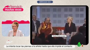La reacción de Cristina Pardo al ver al Dalái Lama intentando tocar la pierna a Lady Gaga
