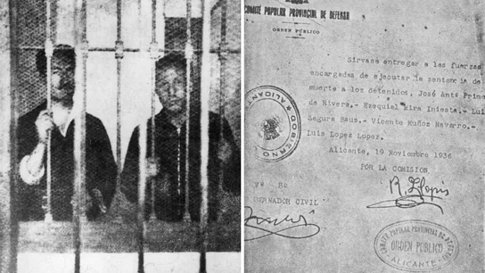 A la izquierda, los hermanos Primo de Rivera (Miguel, izq.; José Antonio, dcha.); a la derecha, la orden de ejecución A la izquierda, los hermanos Primo de Rivera (Miguel, izq.; José Antonio, dcha.); a la derecha, la orden de ejecución