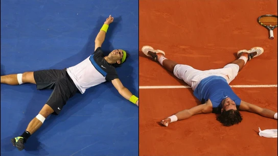 Rafa Nadal celebrando en el Open de Australia y Roland Garros Rafa Nadal celebrando en el Open de Australia y Roland Garros