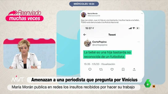 El mensaje de Cristina Pardo a Elon Musk El caso de María Morán, insultada y amenazada en redes por hacer una pregunta sobre Vinicius, desata un debate en Más Vale Tarde sobre quienes se aprovechan del anonimato en las redes para lanzar mensajes de odio. Las reflexiones, en este vídeo.