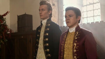 Freddie Dennis as Reynolds and Sam Clemmett as a young Brimsley, secretaries to King George and Queen Charlotte, respectively.