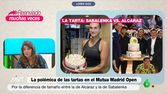María Claver, contundente sobre la diferencia de tamaño entre las tartas de Alcaraz y Sabalenka Más Vale Tarde analiza la polémica en el Mutua Madrid Open sobre la diferencia de tamaño entre las tartas de cumpleaños que recibieron Carlos Alcaraz y la tenista Aryna Sabalenka. Las reflexiones de María Claver o Iñaki López, en este vídeo.