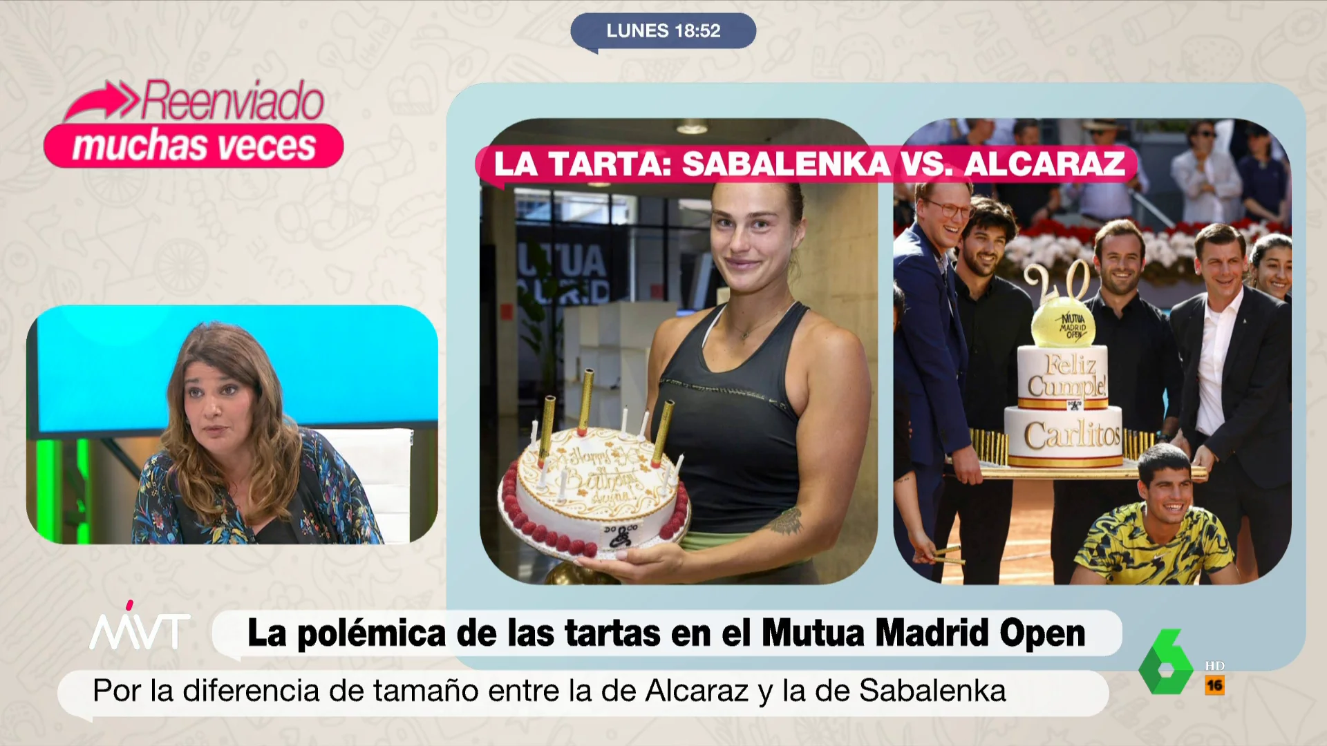 Más Vale Tarde analiza la polémica en el Mutua Madrid Open sobre la diferencia de tamaño entre las tartas de cumpleaños que recibieron Carlos Alcaraz y la tenista Aryna Sabalenka. Las reflexiones de María Claver o Iñaki López, en este vídeo.