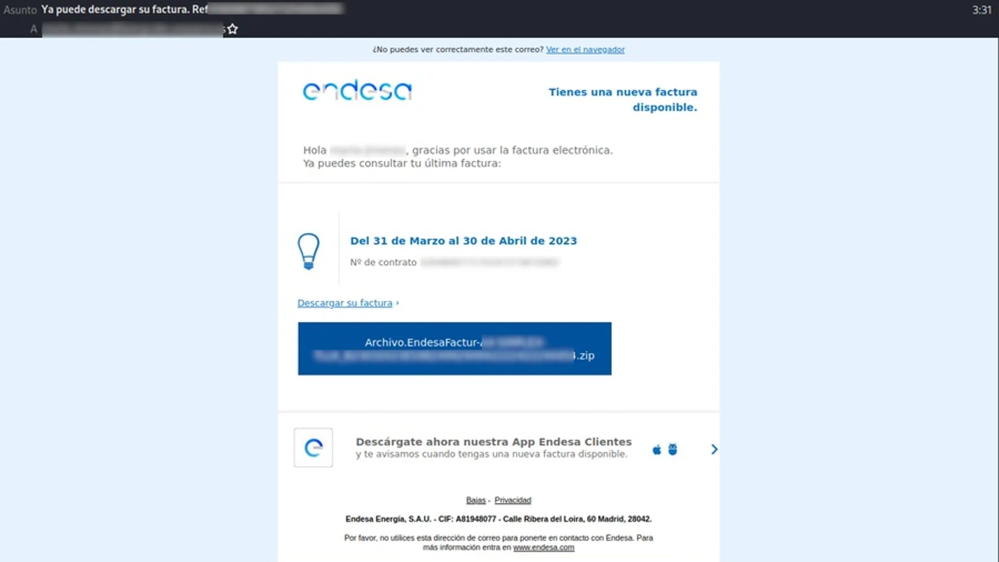 Imagen del correo fraudulento Imagen del correo fraudulento
