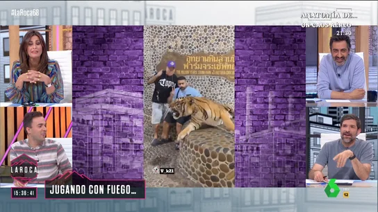 Nuria Roca, al ver la sorprendente reacción de un tigre con dos hombres La Roca arrancaba el pasado domingo con un curioso video viral en el que dos hombres intentan hacerse una foto con un auténtico tigre, aunque no termina saliendo como ellos esperaban. La reacción de Nuria Roca al verlo, en este vídeo.