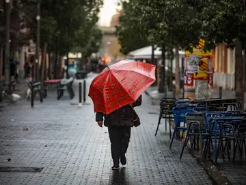 Una persona pasea con un paraguas bajo la lluvia.