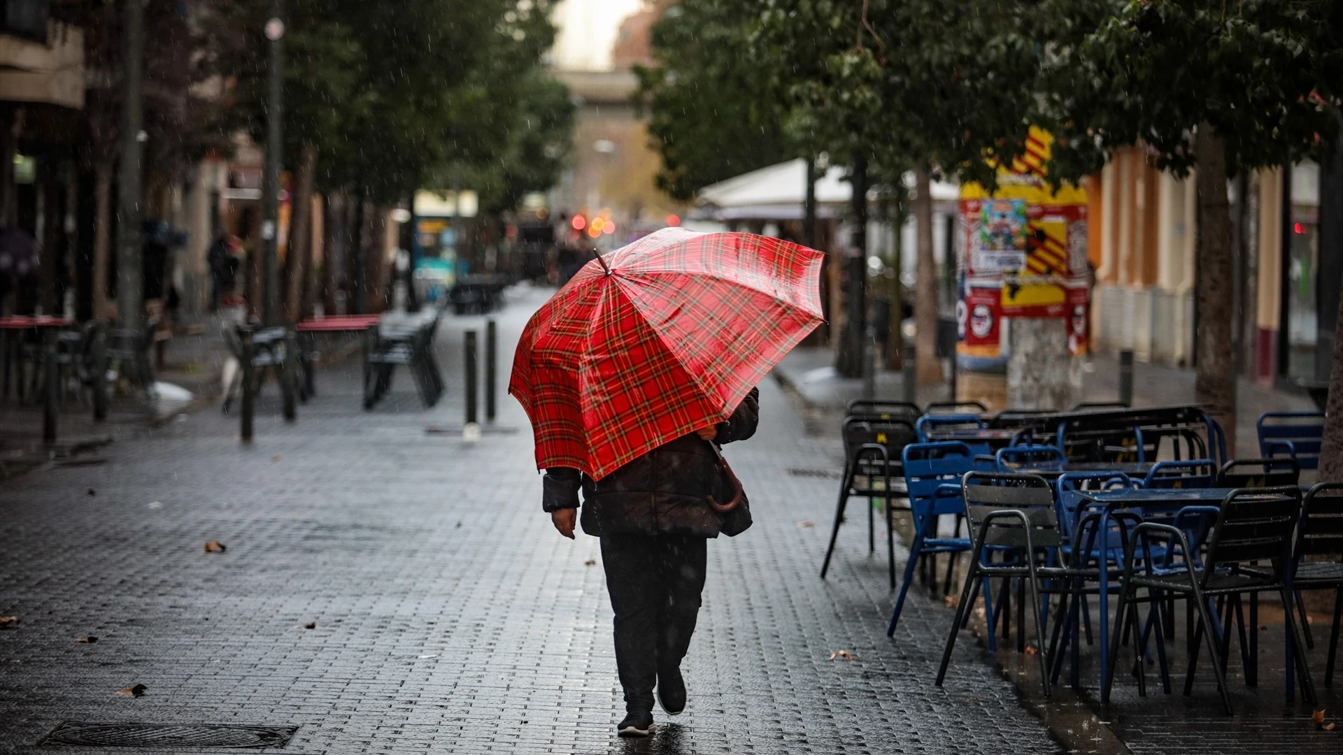 Una persona pasea con un paraguas bajo la lluvia.