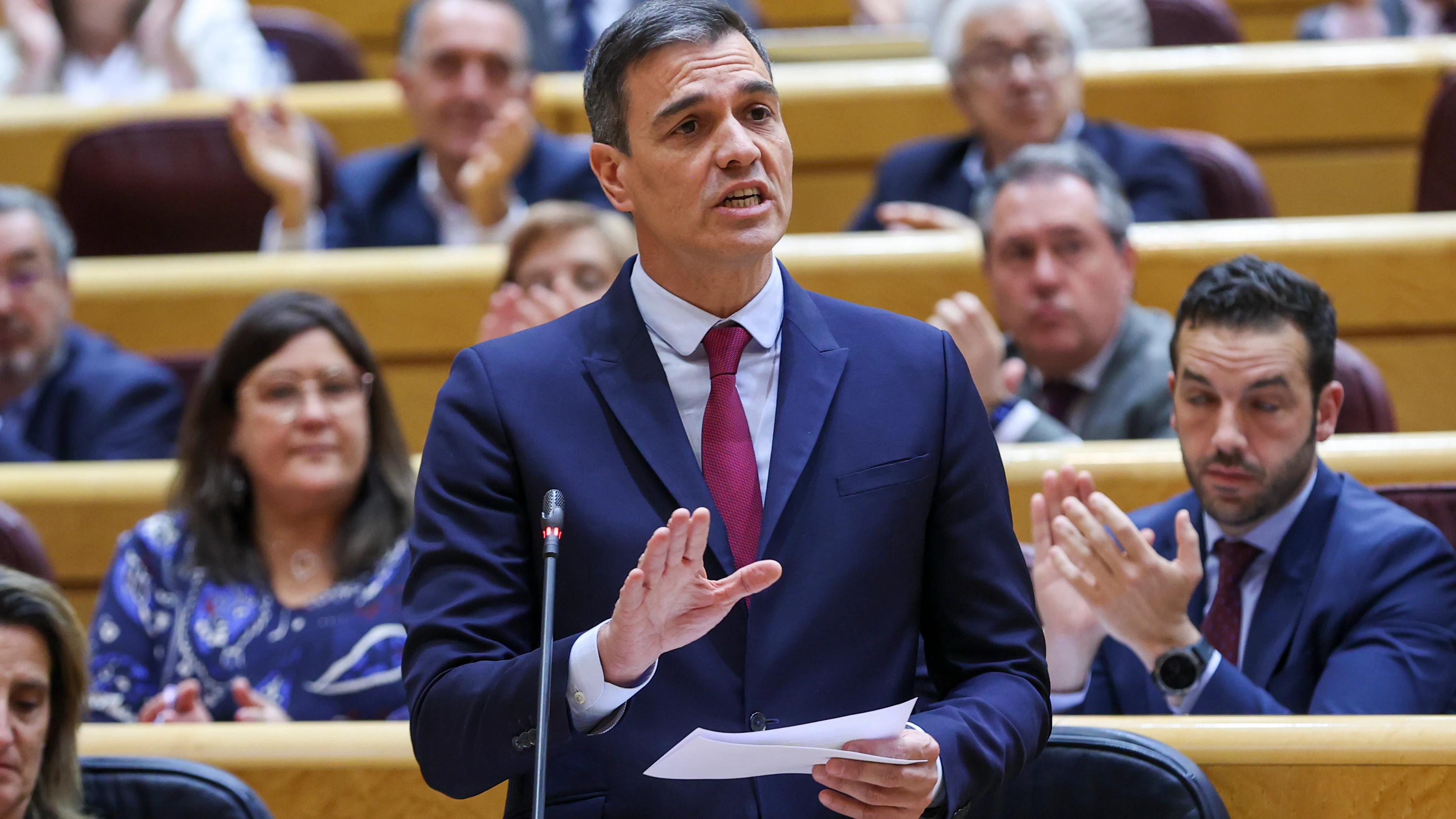 Pedro Sánchez, durante su réplica a Feijóo en el Senado