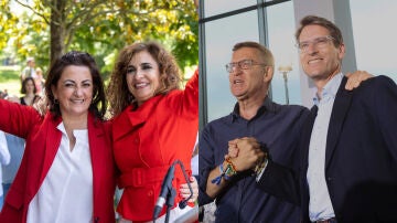 La presidenta riojana, Concha Andreu, junto a María Jesús Montero y el candidato del PP, Gonzalo Capellán, con Alberto Núñez Feijóo