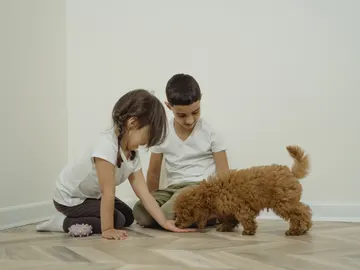 Una niño y una niña acarician a su mascota Una niño y una niña acarician a su mascota