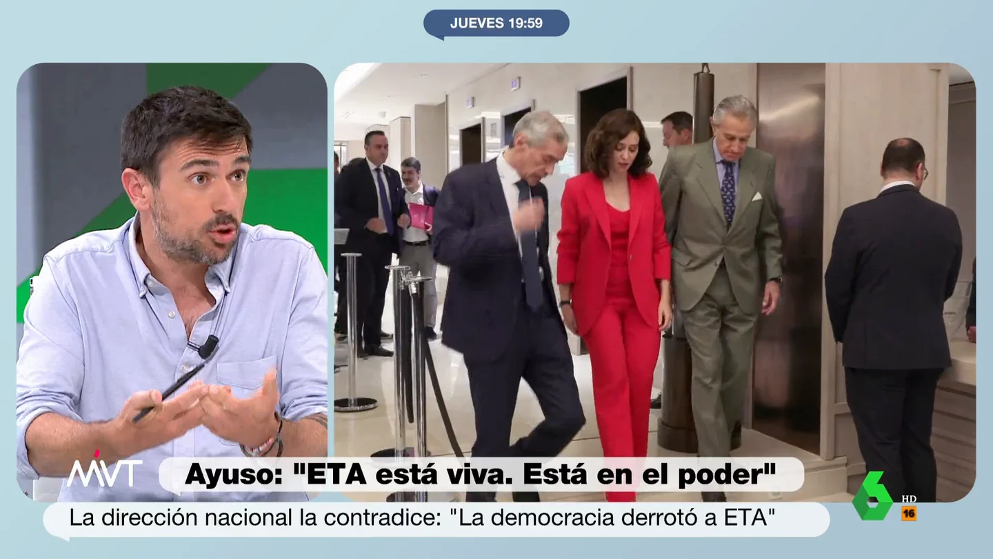 Ramón Espinar carga contra el "deleznable" discurso de Ayuso: "Desea que ETA siga viva para poder hablar así de la izquierda" Ramón Espinar carga contra el "deleznable" discurso de Ayuso: "Desea que ETA siga viva para poder hablar así de la izquierda"