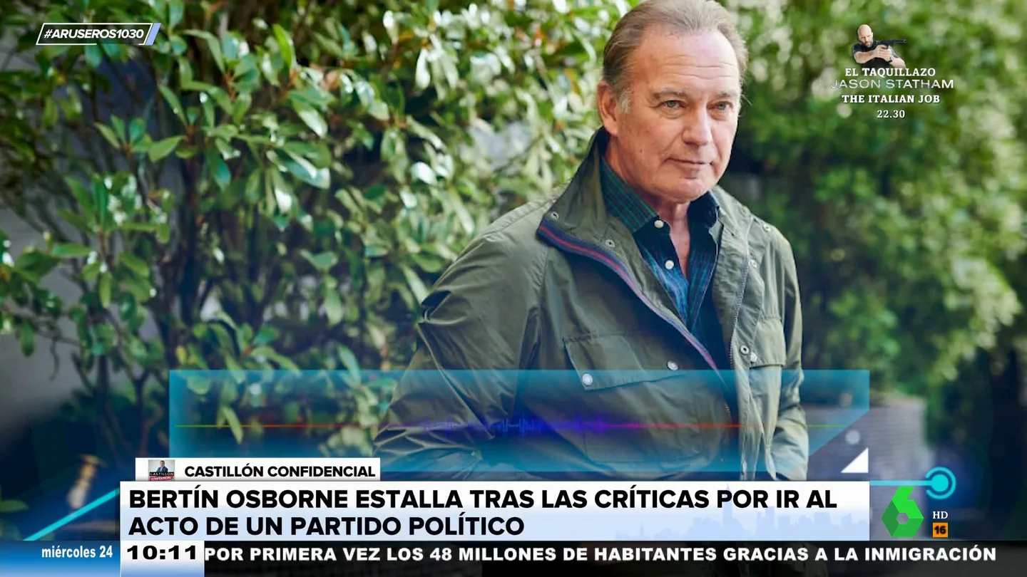 Bertín Osborne estalla tras las críticas por acudir a un acto del PSOE "Si me lo hubieran pedido de otro lado, hubiera ido también, yo no tengo problemas de ir a ver a quien sea, esto es una gilipollez", afirma rotundo Bertín Osborne tras las críticas por asistir a un mitin del PSOE por amistad.