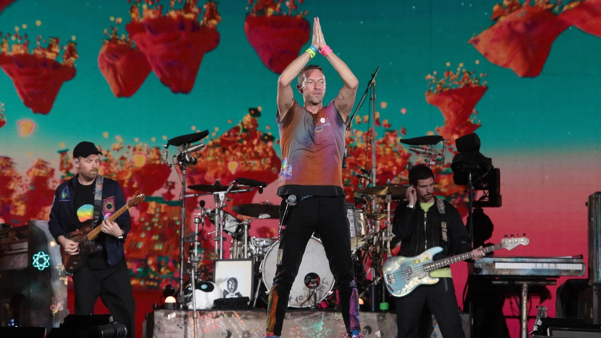 Coldplay durante una de sus actuaciones en Barcelona.