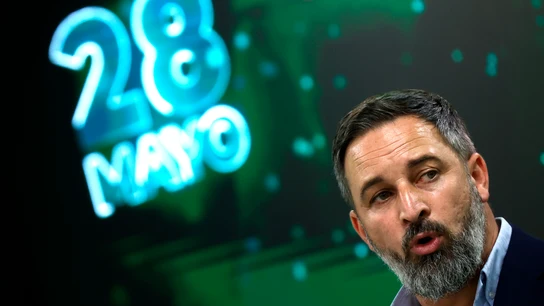 El líder de Vox, Santiago Abascal comparece ante la prensa para comentar los resultados electorales, este domingo en Madrid.  El líder de Vox, Santiago Abascal comparece ante la prensa para comentar los resultados electorales, este domingo en Madrid.