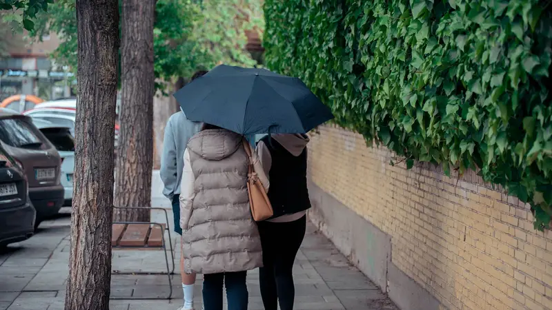 Varias personas pasean con paraguas.