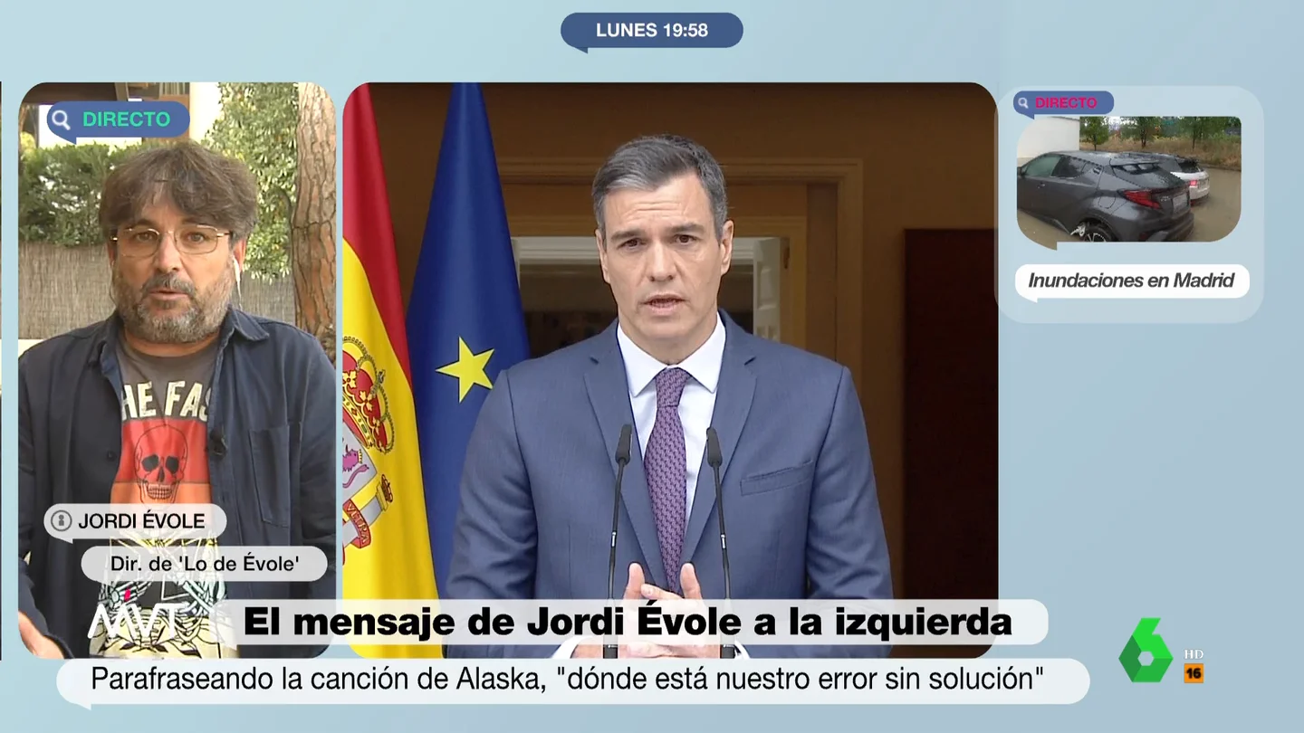 Jordi Évole y la jugada de Sánchez de adelantar las elecciones tras el 28M "Ha decidido hacer una cosa que creo que es lo más democrático que hay: convocar elecciones y volver a preguntar a los españoles si quieren ese Gobierno o no", comenta Jordi Évole sobre el adelanto electoral anunciado por Pedro Sánchez.