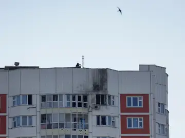 Uno de los edificios dañados por el ataque a Moscú