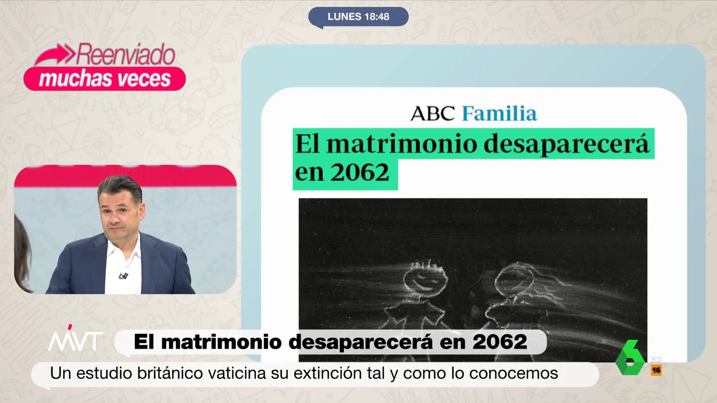 El matrimonio desaparecerá en 2062 e Iñaki López se acuerda de Almeida "Almeida tiene pinta de ser de noviazgos largos, 2062 le va a caer por ahí", bromea Iñaki López en el vídeo sobre estas líneas, donde Más Vale Tarde comenta un estudio británico que dice que el matrimonio desaparecerá como tal en el año 2062.