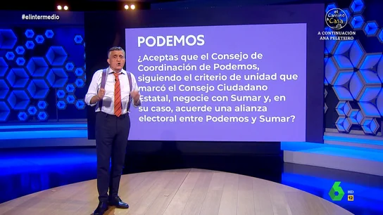 Wyoming descifra la consulta de Podemos para su acuerdo con Sumar "Es el momento justo de hacer una encuesta", ironiza Wyoming sobre la consulta que ha lanzado hoy Podemos para preguntar a las bases sobre un acuerdo con Sumar y que el presentador de El Intermedio intenta descifrar en este vídeo.