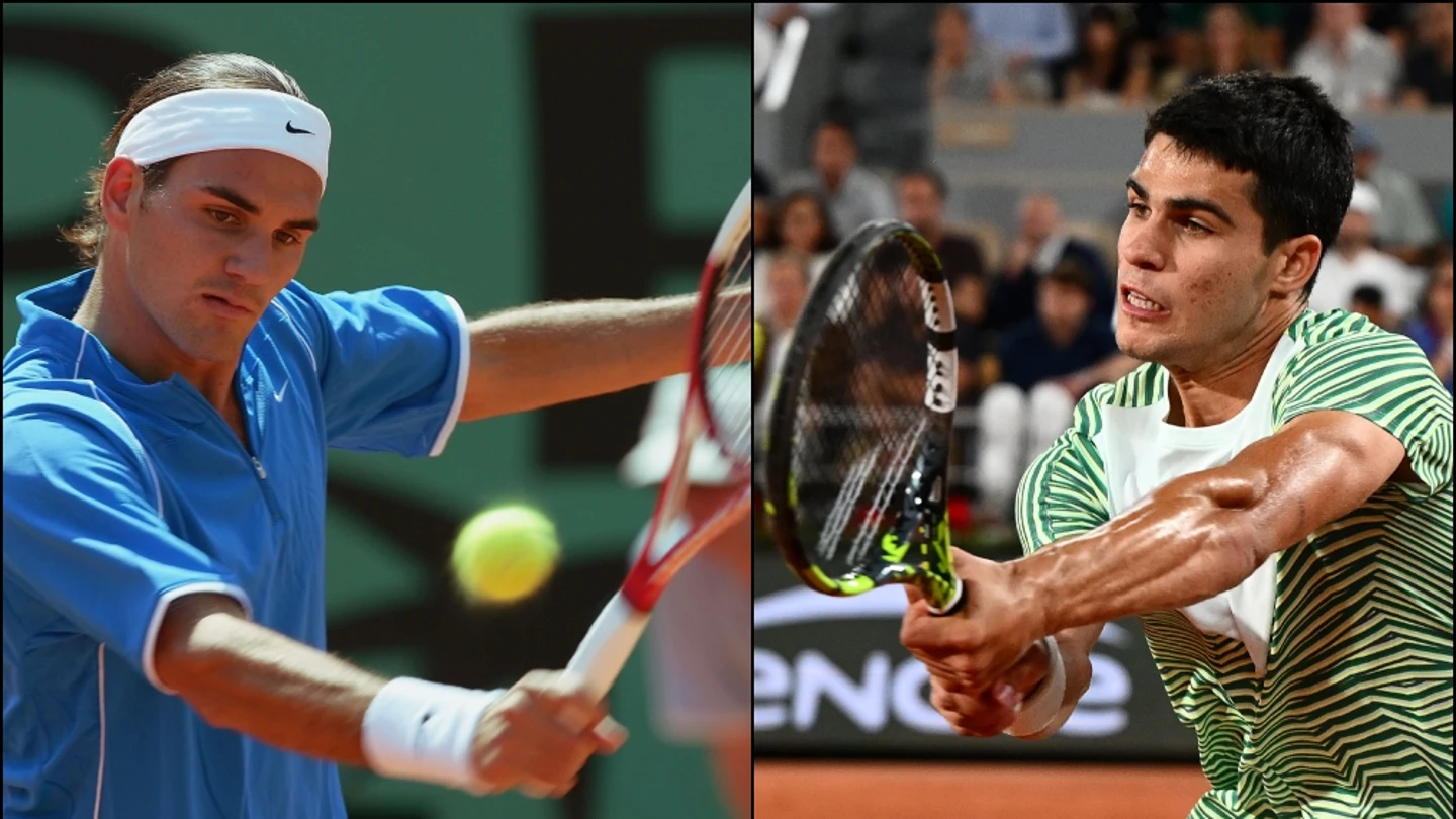 Roger Federer en 2004 y Carlos Alcaraz en 2023 Roger Federer en 2004 y Carlos Alcaraz en 2023