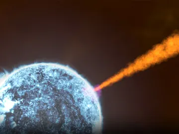 Ilustración de un chorro de partículas cuando colapsa en un agujero negro durante un estallido de rayos gamma Ilustración de un chorro de partículas cuando colapsa en un agujero negro durante un estallido de rayos gamma