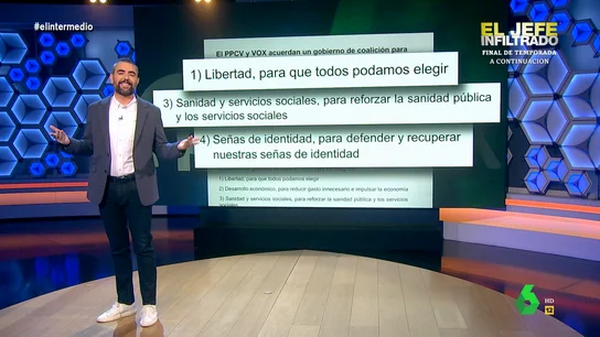 Dani Mateo analiza el acuerdo entre PP y Vox en la Comunitat Valenciana "Se puede oler el patriotismo, la testosterona y hectómetros cúbicos de 'Barón Dandy'", comenta sobre la foto del pacto firmado entre PP y Vox para la Comunidad Valenciana Dani Mateo, que en este vídeo analiza sus puntos más destacados.
