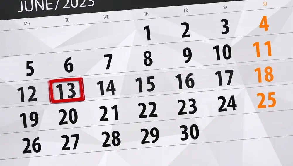 Calendario de junio de 2023 con martes 13 rodeado