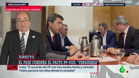 Miquel Iceta afirma no estar sorprendido del acuerdo en Valencia: "En todos los lugares en los que el PP necesite a Vox van a pactar" Miquel Iceta afirma no estar sorprendido del acuerdo en Valencia: "En todos los lugares en los que el PP necesite a Vox van a pactar"