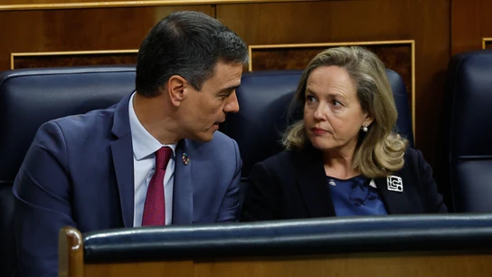 El presidente del Gobierno, Pedro Sánchez, conversa con la vicepresidenta Nadia Calviño El presidente del Gobierno, Pedro Sánchez, conversa con la vicepresidenta Nadia Calviño