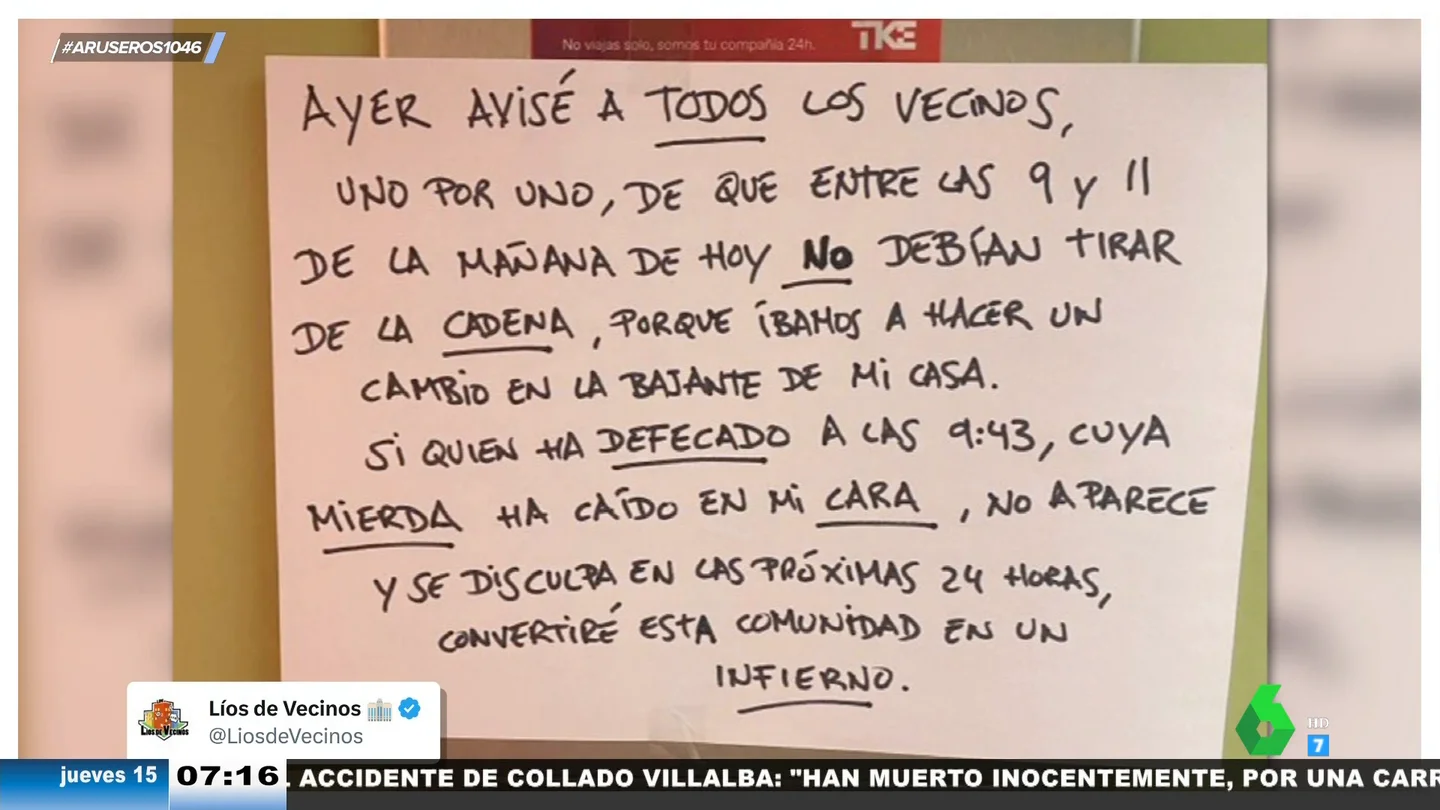La amenaza de un hombre tras un desagradable percance con un vecino anónimo: "Su mierda ha caído en mi cara" La amenaza de un hombre tras un desagradable percance con un vecino anónimo: "Su mierda ha caído en mi cara"