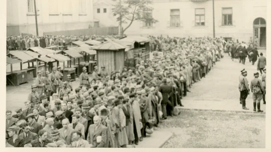 Los prisioneros de pie en la plaza Dożywocie en Tarnów (hoy la plaza de los prisioneros de KL Auschwitz). Los prisioneros de pie en la plaza Dożywocie en Tarnów (hoy la plaza de los prisioneros de KL Auschwitz).