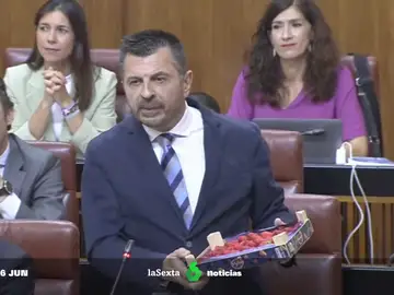 El portavoz del PP andaluz lleva una caja de fresas marroquíes para defender la huerta de Huelva