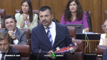 El portavoz del PP andaluz lleva una caja de fresas marroquíes para defender la huerta de Huelva